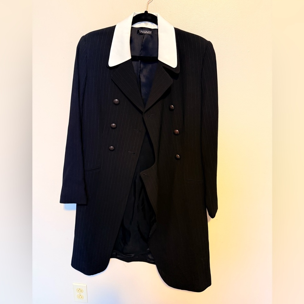 Tahari wool pinstripe black suit blazer dress vintage